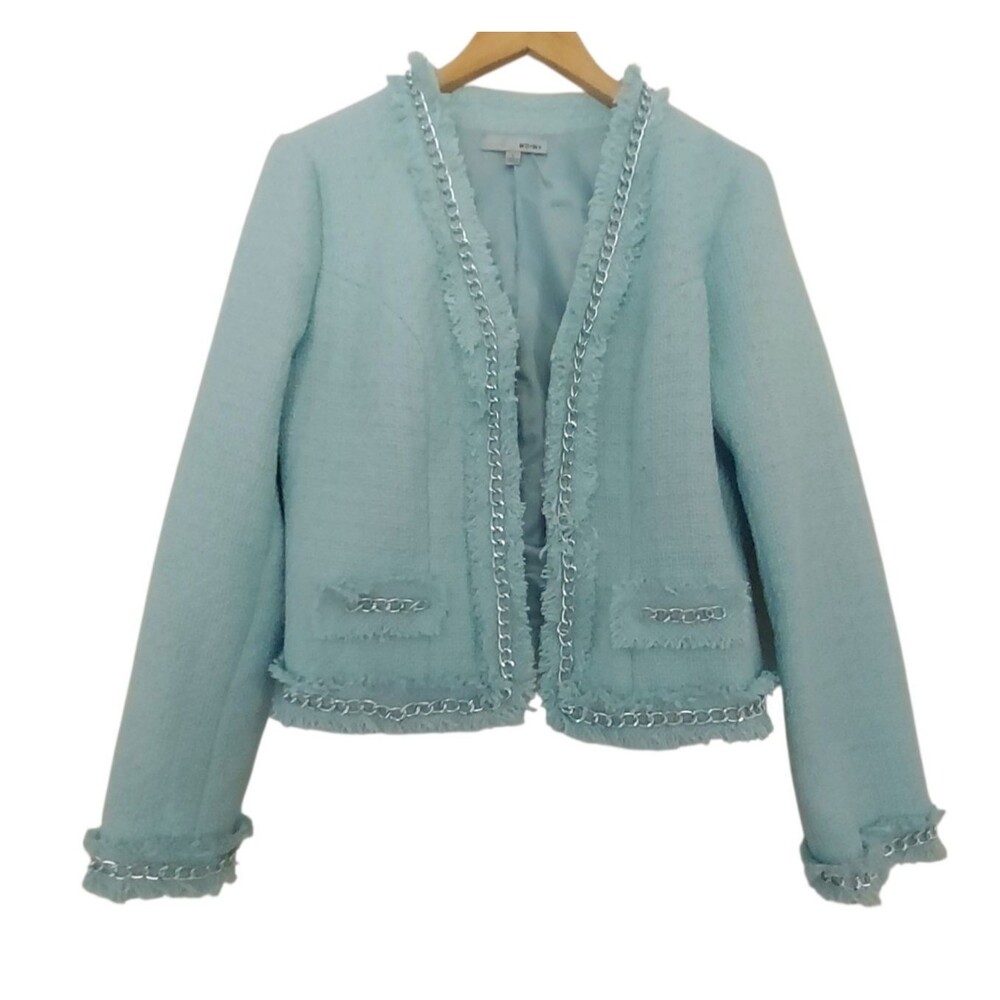 Vintage Look WD.NY Powder Blue Tweed Front Open Coat Jacket Large Silver Chain